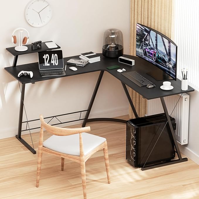 MoNiBloom L Shaped Gaming Desk Computer Corner Table with Metal Frame, L Desk Workstation for Home Office, Space-Saving, Black - LeafyLoom