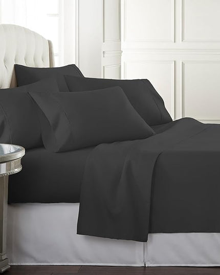 Danjor Linens Queen Sheet Set - 6 Piece Set Including 4 Pillowcases - Deep Pockets - Breathable, Soft Bed Sheets - Wrinkle Free - Machine Washable - Black Sheets for Queen Size Bed - 6 pc - LeafyLoom