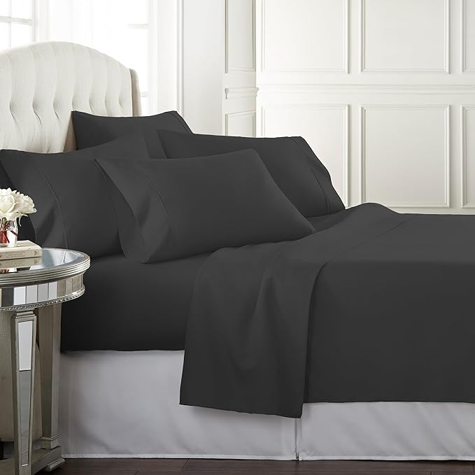 Danjor Linens King Size Sheets Set - 6 Piece Set Including 4 Pillowcases - Deep Pockets - Breathable, Soft Bed Sheets - Wrinkle Free - Machine Washable - Black King Bed Sheets - 6 pc - LeafyLoom