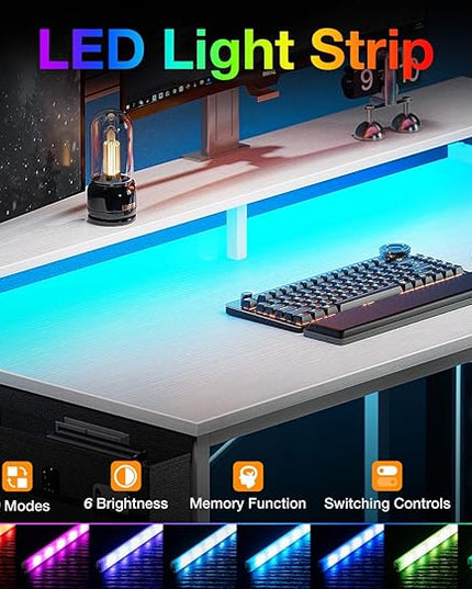 ODK 58 Inch Gaming Desk with USB Charging Ports and LED Lights, Reversible L Shaped Computer Desk with Storage Shelves & Monitor Stand, Corner Home Office Desk Table with Power Outlets, White - LeafyLoom