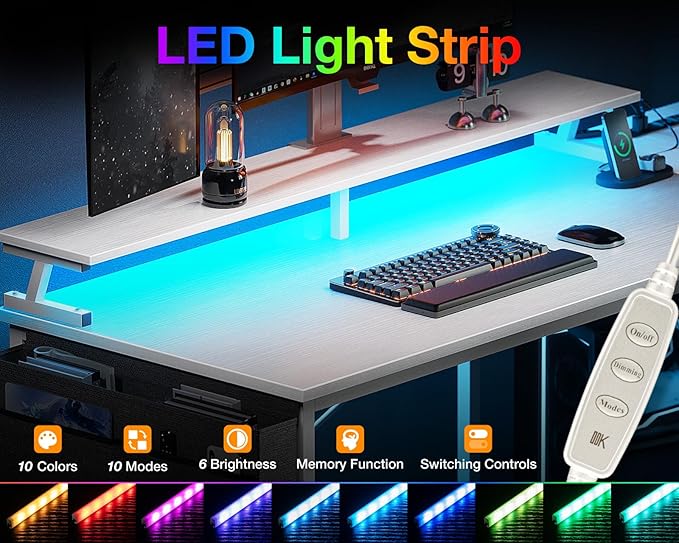 ODK 58 Inch Gaming Desk with USB Charging Ports and LED Lights, Reversible L Shaped Computer Desk with Storage Shelves & Monitor Stand, Corner Home Office Desk Table with Power Outlets, White - LeafyLoom