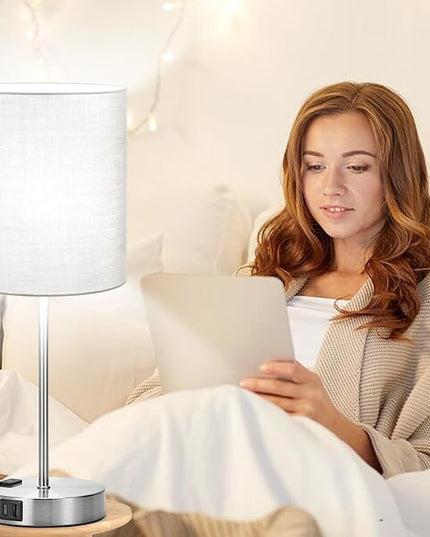 𝟮𝟬𝟮𝟯 𝗡𝗘𝗪 Set of 2 Touch Grey Table Lamps with 2 USB Ports & AC Outlet, 3-Way Dimmable Bedside Nightstand Lamps for Bedroom Living Room Nursery, 800 Lumens 5000K Daylight Bulbs Included - LeafyLoom