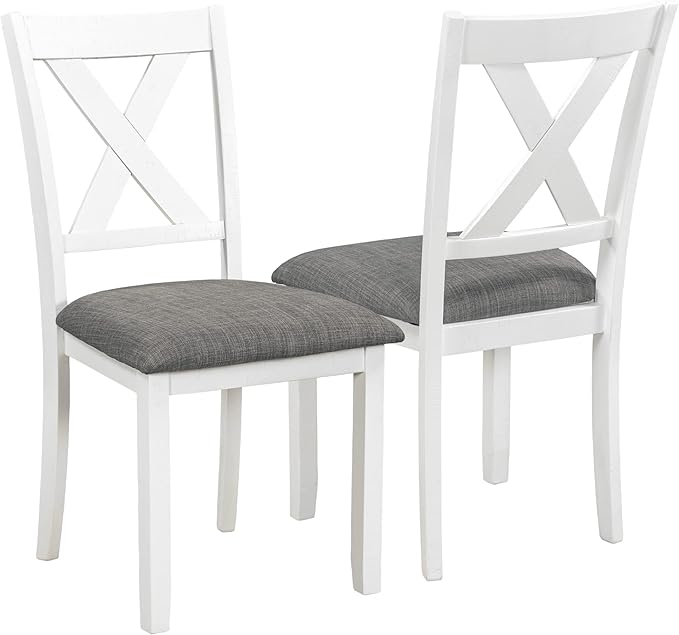 6-Piece Wood Rectangle Dining Table Set with Bench and 4 Upholstered Chairs for Kitchen Living Room, Farmhouse Rustic Style, White+Gray, 60" L x 36" W x 29.9" H - LeafyLoom