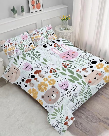 Floral Cat Bedding Full Size Cartoon Cats Comforter Set for Girls Boys Kids Teen Children Green Animals Print Bedroom Dorm Quilt 1 Comforter + 2 Pillow Cases - LeafyLoom