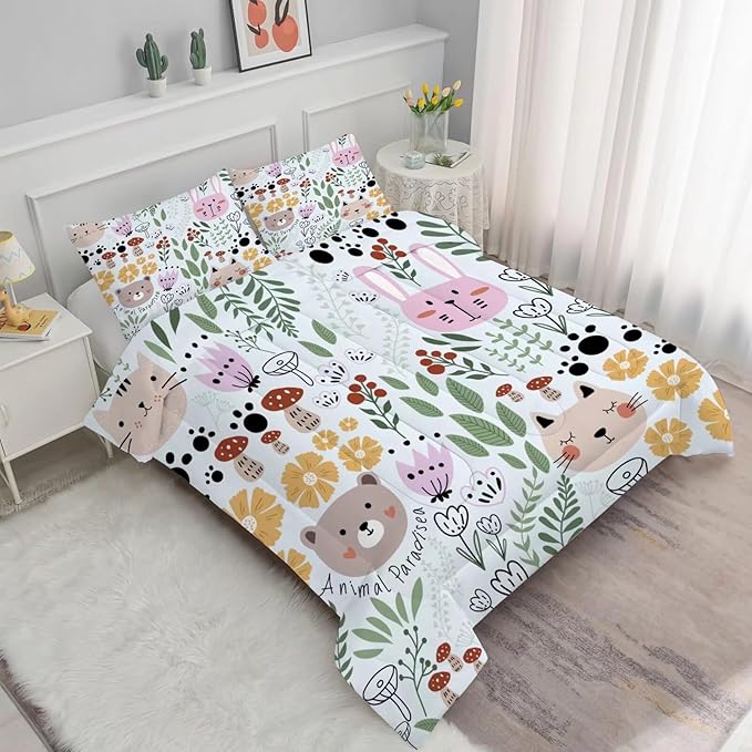Floral Cat Bedding Full Size Cartoon Cats Comforter Set for Girls Boys Kids Teen Children Green Animals Print Bedroom Dorm Quilt 1 Comforter + 2 Pillow Cases - LeafyLoom