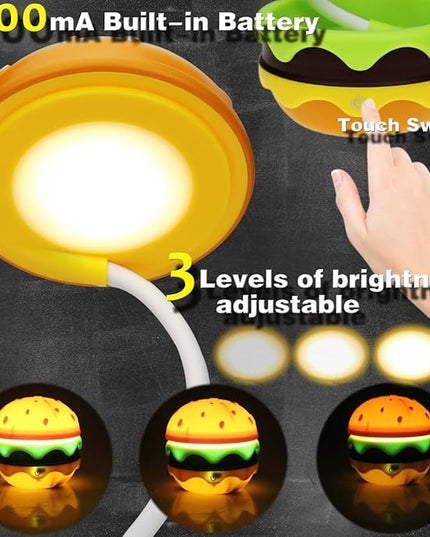 Cute Desk Lamp for Kids, Rechargeable Hamburger Small Desk Lamps with Adjustable Neck Dimmable Touch Switch, Nursery Night Lights, Kawaii Desk Accessories, Kawaii Room Decor for Boys Girls Gifts - LeafyLoom