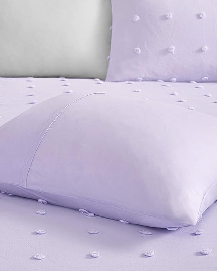 Callie Cotton Jacquard Weave Colorful Pom Pom Kids Comforter sets, Down Alternative Shabby Chic All Season Girls Bedding, Bedroom Decor, Twin/Twin XL, Lavender 4 Piece - LeafyLoom