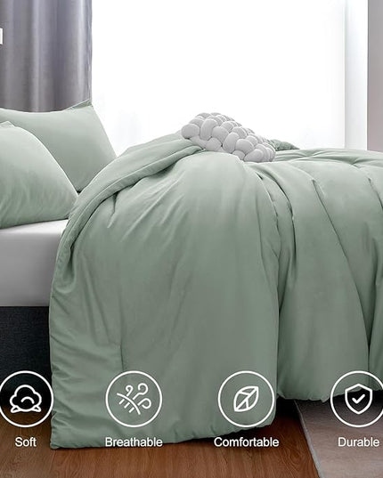CozyLux Sage Green Comforter Set King Size, 3 Pieces Solid Breathable Quilted Style Bedding Sets, Luxury Fluffy Soft Microfiber Comforter for All Season(1 Comforter & 2 Pillowcases) - LeafyLoom
