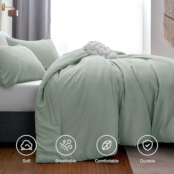 CozyLux Sage Green Comforter Set King Size, 3 Pieces Solid Breathable Quilted Style Bedding Sets, Luxury Fluffy Soft Microfiber Comforter for All Season(1 Comforter & 2 Pillowcases) - LeafyLoom