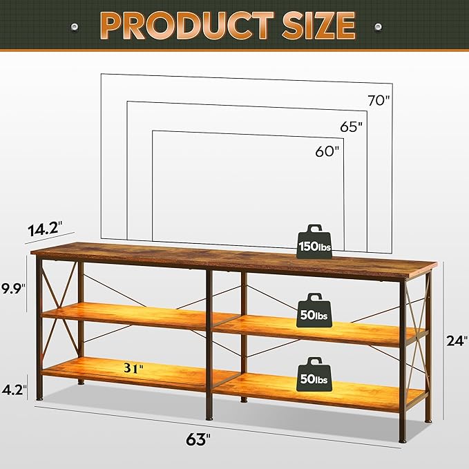 WLIVE TV Stand up to 70 Inch TV, 63" Entertainment Center with LED, TV Media Console with 3-Tier Storage Shelves for Living Room and Bedroom, Rustic Brown - LeafyLoom