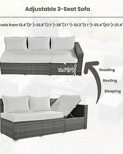 Outdoor Furniture 6-Piece Patio Sofa Set, All Weather PE Rattan Sectional Couch with Tempered Glass Dining Table, Adjustable Seat, Storage Box&Removable Covers, for Garden Backyard, 1, Beige - LeafyLoom