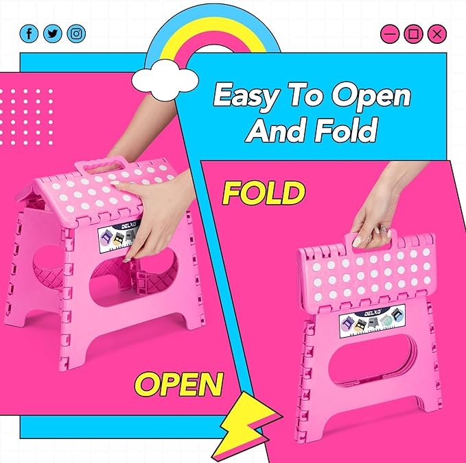 Delxo Folding Step Stool,11 Inch Non-Slip Foldable Step Stools for Kids and Adults,Portable Foldable Step Stool Lightweight Small Folding Stool with Handle for Kitchen Bathroom in Pink,1 Pack - LeafyLoom