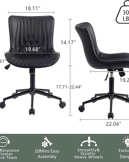 YOUTASTE Office Chair Modern Armless Desk Chair with Wheels, Adjustable Swivel Rolling Computer Task Chair, Faux Leather Sewing Chairs, Ergonomics Rocking Home Gaming Lounge Vanity Chairs, Black - LeafyLoom