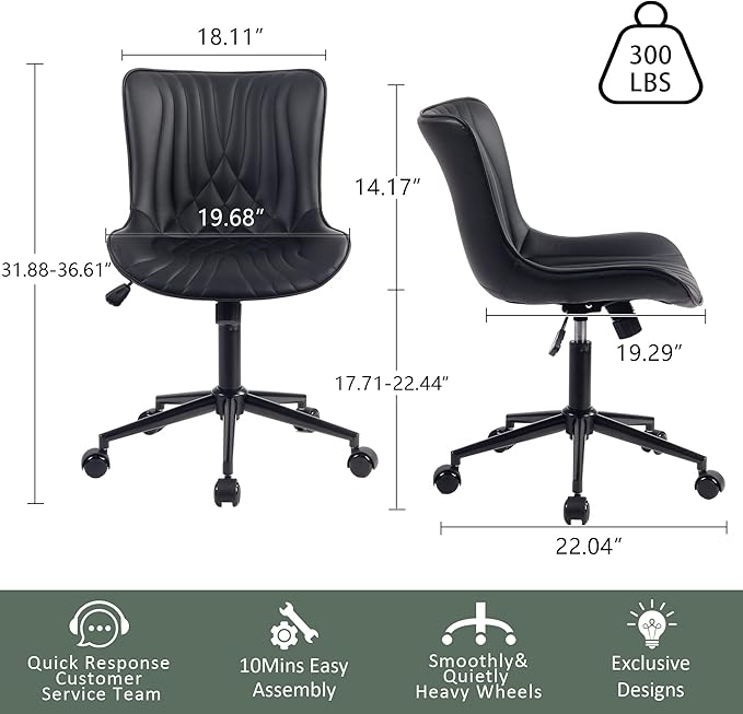 YOUTASTE Office Chair Modern Armless Desk Chair with Wheels, Adjustable Swivel Rolling Computer Task Chair, Faux Leather Sewing Chairs, Ergonomics Rocking Home Gaming Lounge Vanity Chairs, Black - LeafyLoom