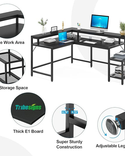 L-Shaped Desk with Monitor Shelf, Black - LeafyLoom