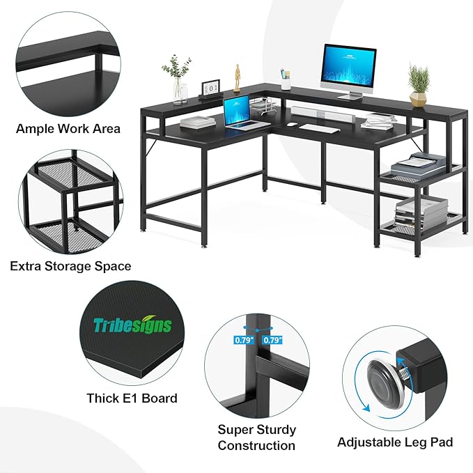 L-Shaped Desk with Monitor Shelf, Black - LeafyLoom