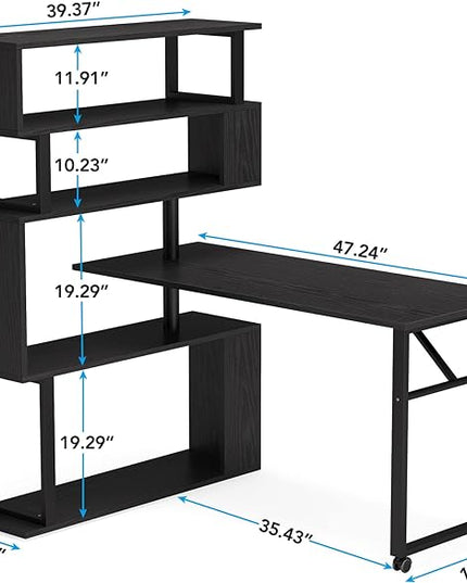 Rotating Computer Desk L-Shaped Office Desk with 5 Shelves Bookcase, Reversible Writing Desk Study Table with Wheels for Home Office, Black - LeafyLoom