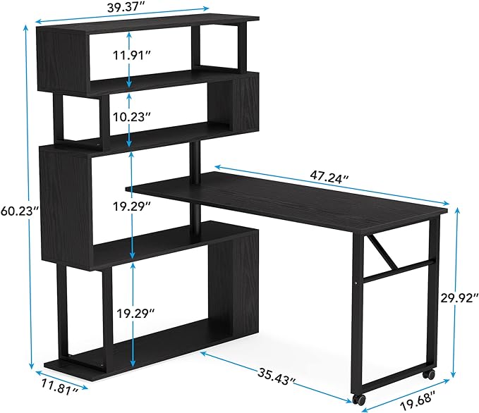 Rotating Computer Desk L-Shaped Office Desk with 5 Shelves Bookcase, Reversible Writing Desk Study Table with Wheels for Home Office, Black - LeafyLoom