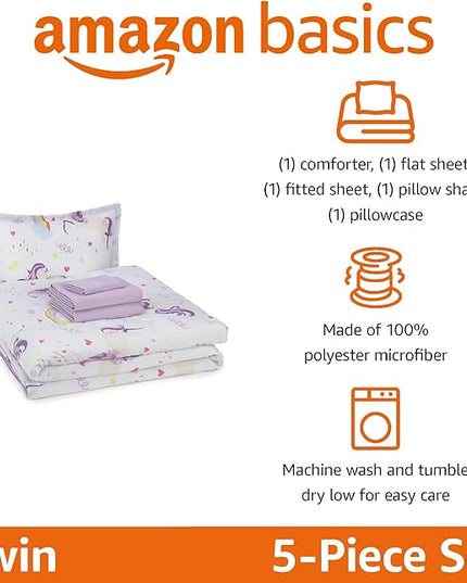 Amazon Basics Microfiber Kid's Bed-in-a-Bag 5 Piece Bedding Set, Twin, Unicorn Print - LeafyLoom