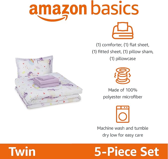 Amazon Basics Microfiber Kid's Bed-in-a-Bag 5 Piece Bedding Set, Twin, Unicorn Print - LeafyLoom