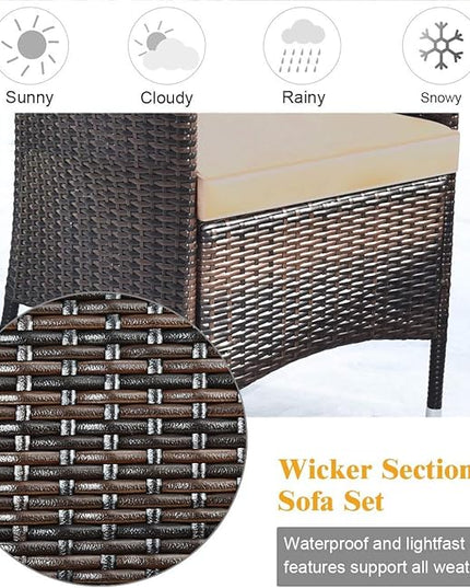 LUARANE 4-Piece Rattan Patio Furniture Set, Outdoor Wicker Sofa Couch Table Set, w/Thick Seat Cushions Tempered Glass Coffee Table, Conversation Set for Lawn Garden Poolside Backyard (Brown) - LeafyLoom