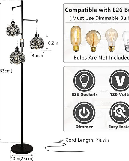 Dimmable Crystal Floor Lamp, Industrial Farmhouse Lamps for Living Room, 3-Light Black Standing Lamp Bedroom, Modern with 3 Lampshades, Rustic Tall Tree 64inch, E26 - LeafyLoom