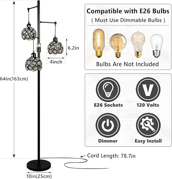 Dimmable Crystal Floor Lamp, Industrial Farmhouse Lamps for Living Room, 3-Light Black Standing Lamp Bedroom, Modern with 3 Lampshades, Rustic Tall Tree 64inch, E26 - LeafyLoom