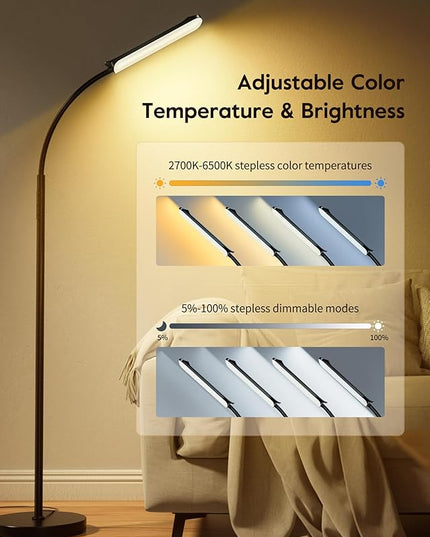 Brightown LED Floor Lamp - 18W Bright Lamp with Remote & Touch Control - 4 Color Temperatures with Memory & Timer, Adjustable Gooseneck for Reading - Ideal for Living Room, Bedroom, Office - LeafyLoom