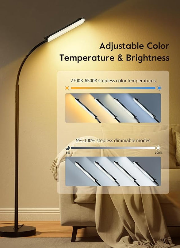 Brightown LED Floor Lamp - 18W Bright Lamp with Remote & Touch Control - 4 Color Temperatures with Memory & Timer, Adjustable Gooseneck for Reading - Ideal for Living Room, Bedroom, Office - LeafyLoom