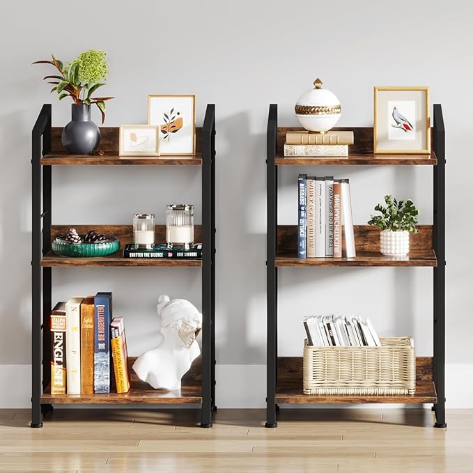 3 Tier Bookshelf: Small Modern Industrial Bookshelves for Bedroom, Short Bookcase Book Shelf for Small Spaces (Rustic Brown) - LeafyLoom