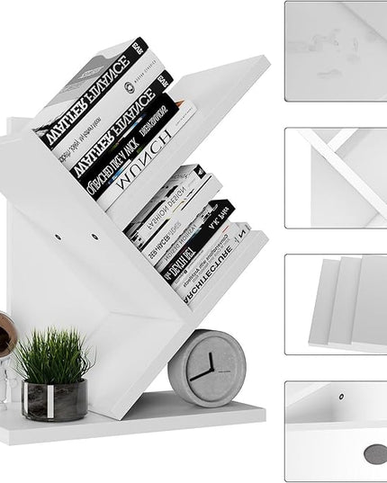 YMYNY 2 Tier Tree Bookshelf, Small Bookcase, Modern Wood Book Storage Rack Organizer, Freestanding Book shelf for Books/Movies/CDs, Display Rack for Bedroom, Home Office, White UHBC012W - LeafyLoom