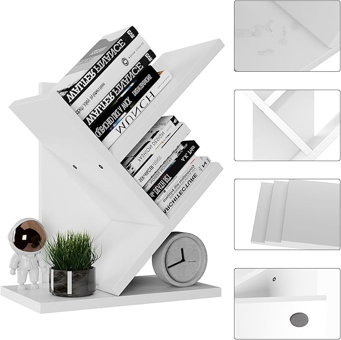 YMYNY 2 Tier Tree Bookshelf, Small Bookcase, Modern Wood Book Storage Rack Organizer, Freestanding Book shelf for Books/Movies/CDs, Display Rack for Bedroom, Home Office, White UHBC012W - LeafyLoom