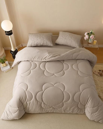 Khaki Flower Comforter Full Light Champagne Sunflower Print Bed Full Comforter 3 PCs Champagne Floral Comforter Set for Boys Girls Teens Bedroom Decor All Season Hotel Quality Comforter - LeafyLoom
