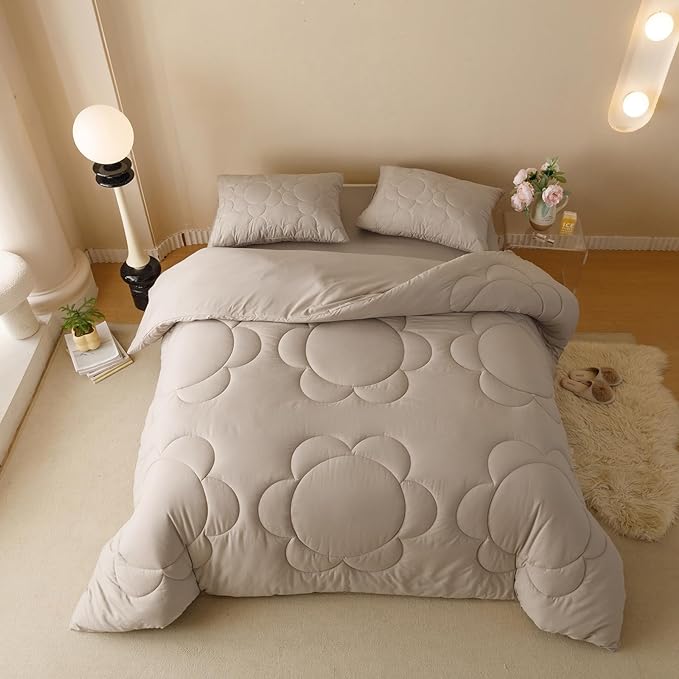 Khaki Flower Comforter Full Light Champagne Sunflower Print Bed Full Comforter 3 PCs Champagne Floral Comforter Set for Boys Girls Teens Bedroom Decor All Season Hotel Quality Comforter - LeafyLoom