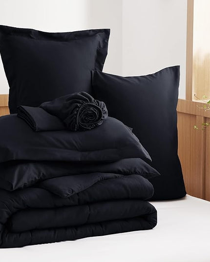 Bedsure Black Twin XL Comforter Set for Boys- 5 Pieces Solid Twin XL Bed in a Bag, Twin XL Bed Set Black with Comforters, Sheets, Pillowcase & Sham, Extra Long Twin Comforter Set - LeafyLoom