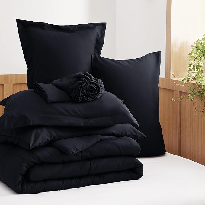 Bedsure Black Twin XL Comforter Set for Boys- 5 Pieces Solid Twin XL Bed in a Bag, Twin XL Bed Set Black with Comforters, Sheets, Pillowcase & Sham, Extra Long Twin Comforter Set - LeafyLoom