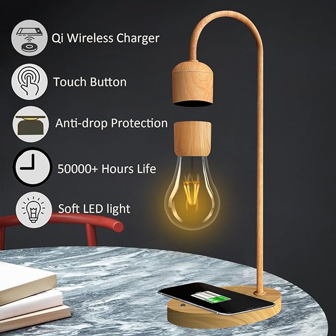 Magnetic Levitating Lamp with Wireless Phone Charging Pad Floating Light Bulb LED Night Light Wood Grain Table Lamp Levitation Desk Lamp for Office Home Decoration Christmas Gift - LeafyLoom