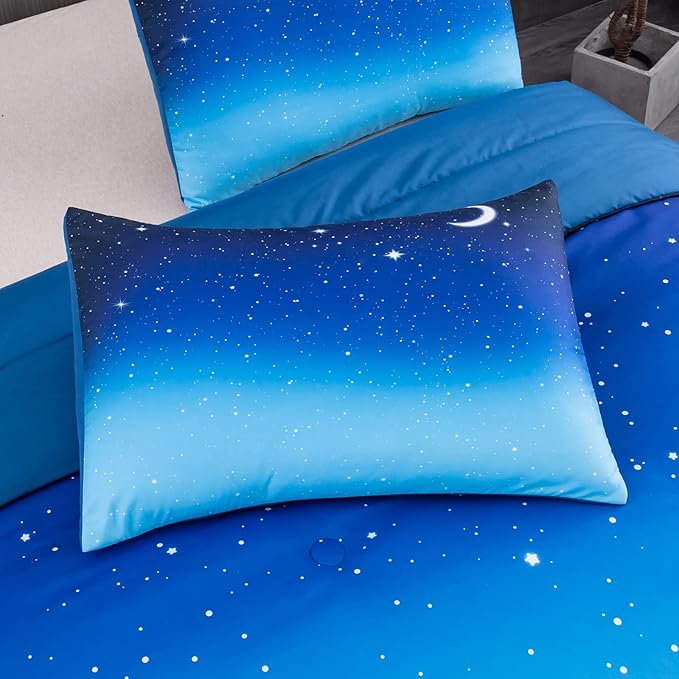 NINENINE Blue Galaxy Comforter Set Queen Size for Teen Kids Girls,Space Bedding Sets Printed with 1 Comforter 2Pillowcases - LeafyLoom