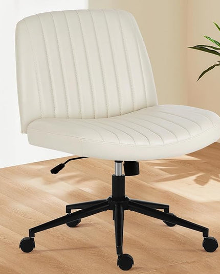 Sweetcrispy Criss Cross Office Chair with Wheels, Wide Armless Home Office Desk Chair with Dual-Purpose Base, Swivel Adjustable Leather Task Vanity Computer Chair, Cream - LeafyLoom