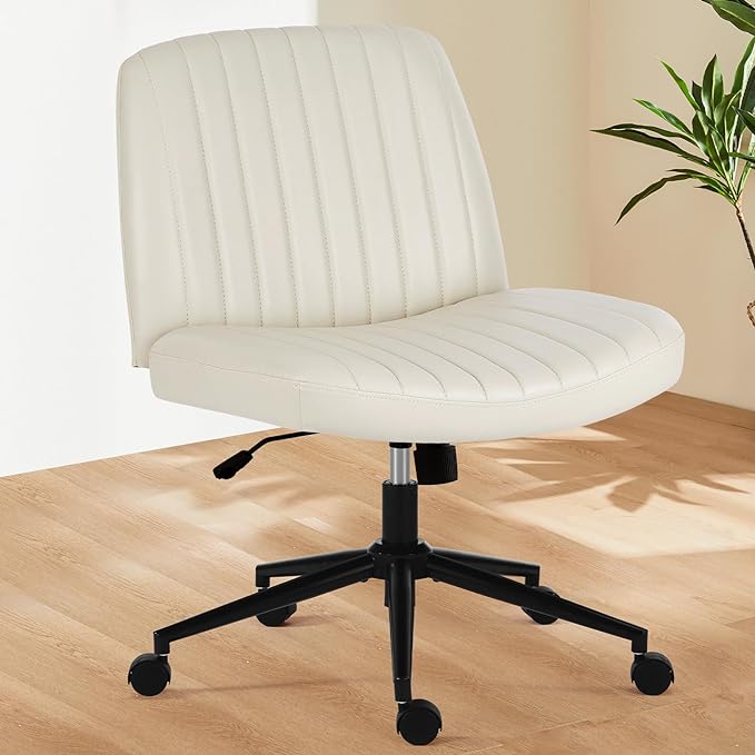 Sweetcrispy Criss Cross Office Chair with Wheels, Wide Armless Home Office Desk Chair with Dual-Purpose Base, Swivel Adjustable Leather Task Vanity Computer Chair, Cream - LeafyLoom