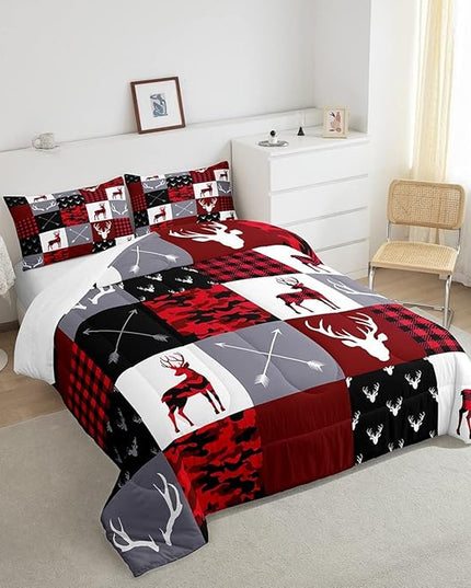 Deer Silhouette Comforter Set Full Size,Antler Arrow Grid Stripe Design Bedding Duvet 3pcs for Kids Teens Adult Boys Girls Home Room Decoration, Camouflage Christmas Style Red Quilt Set - LeafyLoom