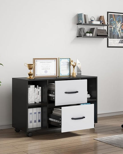 sogesfurniture Mobile Lateral Filing Cabinet with 2 Drawers,Lateral Office Cabinet Printer Stand, Multifunctional Storage Cabinet with Open Shelves and Castors for Home & Office (Black) - LeafyLoom