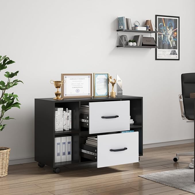 sogesfurniture Mobile Lateral Filing Cabinet with 2 Drawers,Lateral Office Cabinet Printer Stand, Multifunctional Storage Cabinet with Open Shelves and Castors for Home & Office (Black) - LeafyLoom