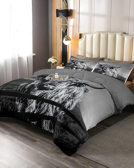 Highland Cow Bedding Set Full Size Grey Bull Cattle Comforter Set Funny Farmhouse Wildlife Animal Duvet Set for Kids Boys Girls Teens Western Cowboy Style Down Comforter Adult Bedroom Decor - LeafyLoom