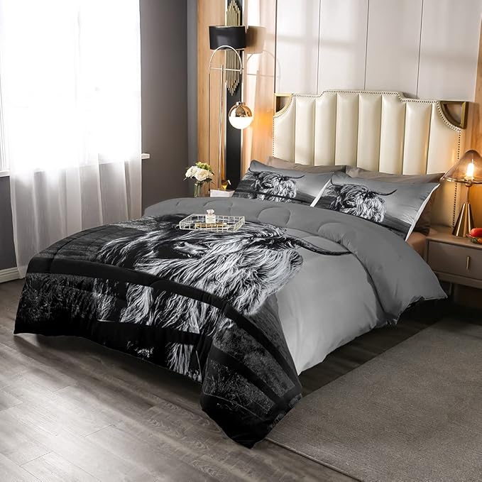 Highland Cow Bedding Set Twin Size Grey Bull Cattle Comforter Set Funny Farmhouse Wildlife Animal Duvet Set for Kids Boys Girls Teens Western Cowboy Style Down Comforter Adult Bedroom Decor - LeafyLoom