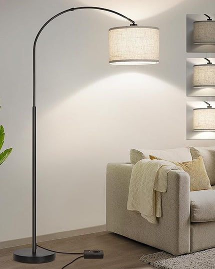 Dimmable Floor Lamp, Arc Floor Lamp with Dimmer, Black Standing Lamp with Adjustable Hanging Shade, Over Couch Tall Reading Light, Modern Pole Lamp for Living Room Bedroom, 9W LED Bulb Included - LeafyLoom