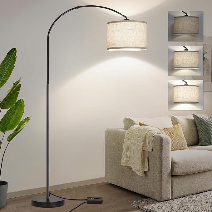 Dimmable Floor Lamp, Arc Floor Lamp with Dimmer, Black Standing Lamp with Adjustable Hanging Shade, Over Couch Tall Reading Light, Modern Pole Lamp for Living Room Bedroom, 9W LED Bulb Included - LeafyLoom