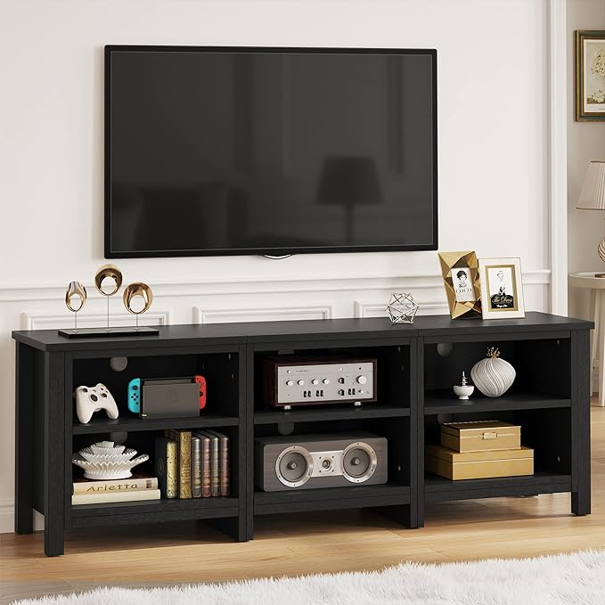 YITAHOME Modern TV Stand for TV up to 80/75/70/65 Inch, Classic Detachable 6 Cubby Media Entertainment Center Console Table with 6 Open Storage Shelves & Cabinets for Living Room, 69'', Black - LeafyLoom