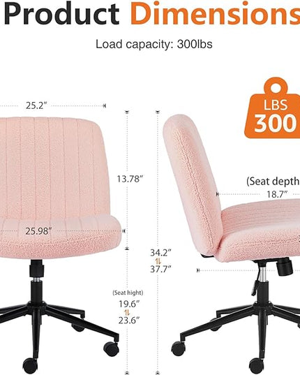 Sweetcrispy Criss Cross Office Chair with Wheels, Wide Armless Home Office Desk Chair with Dual-Purpose Base, Swivel Adjustable Teddy Fabric Task Vanity Computer Chair, Teddy Pink - LeafyLoom