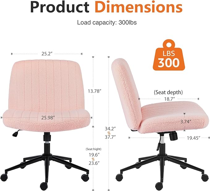 Sweetcrispy Criss Cross Office Chair with Wheels, Wide Armless Home Office Desk Chair with Dual-Purpose Base, Swivel Adjustable Teddy Fabric Task Vanity Computer Chair, Teddy Pink - LeafyLoom